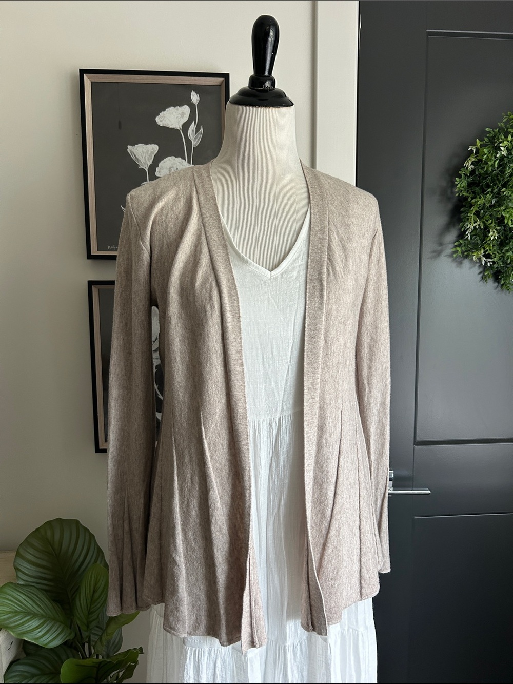 🍁 M Light Taupe Open-Front long sleeve pleated Cardigan